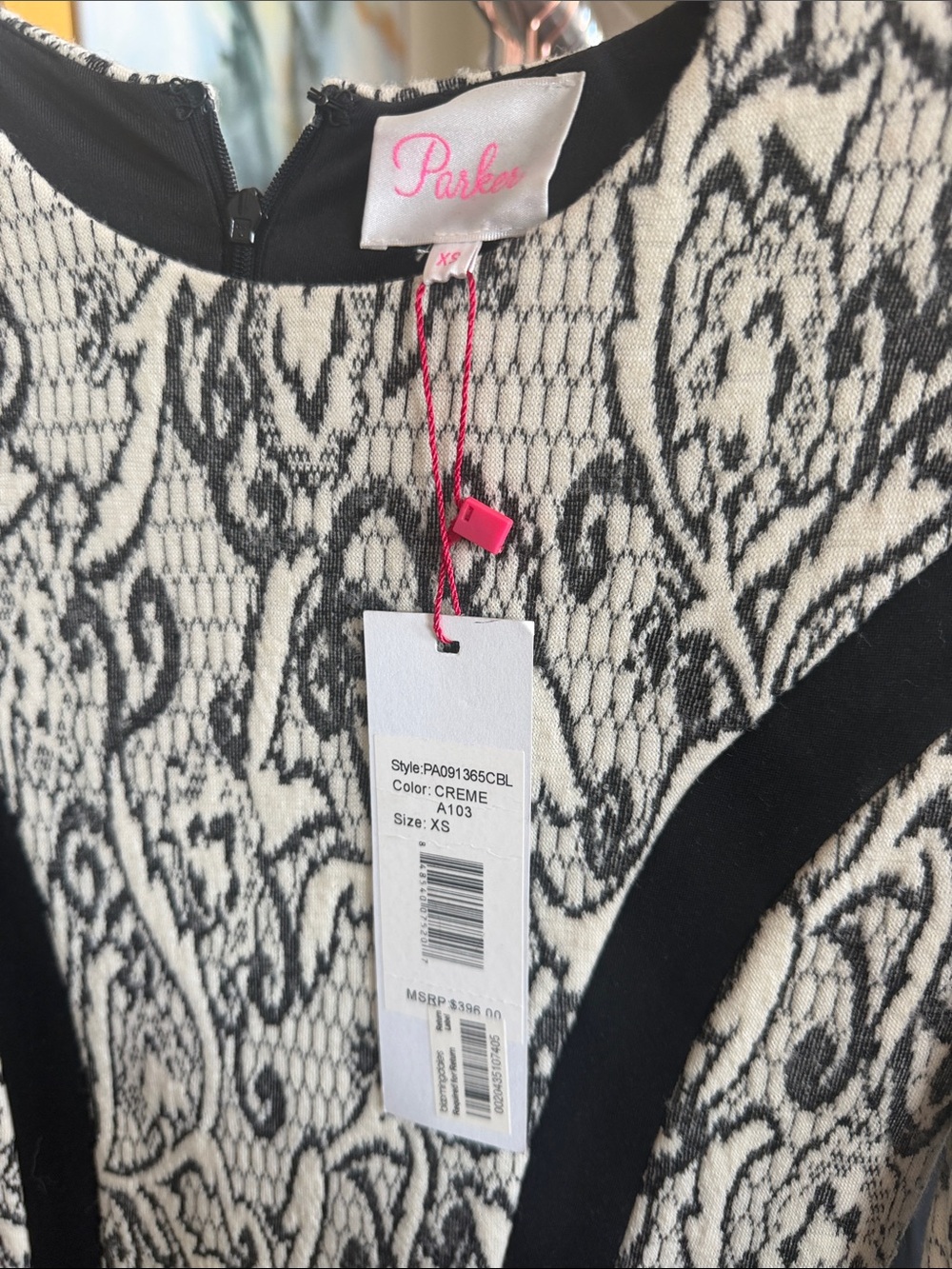 Parker Cream and Black Patterned Dress with Bold Trim